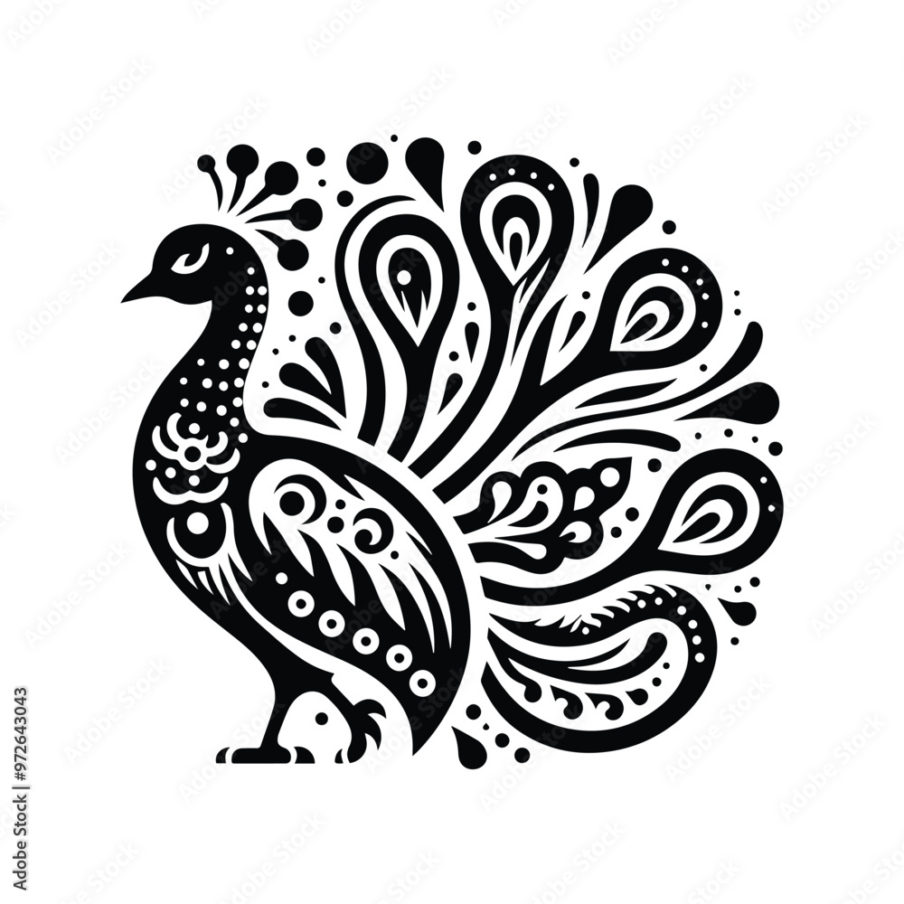 Peacock bird in folk art black and white silhouette illustration Peacock bird in folk art black and white silhouette illustration