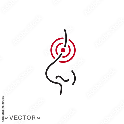 nose pain icon, ache or inflammation nose, thin line symbol isolated on white background, editable stroke eps 10 vector illustration
