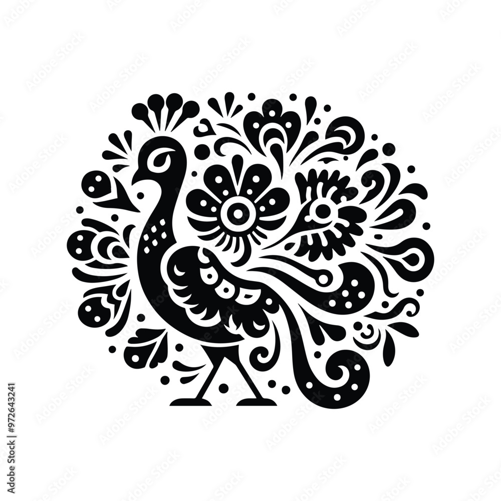 Peacock bird in folk art black and white silhouette illustration Peacock bird in folk art black and white silhouette illustration