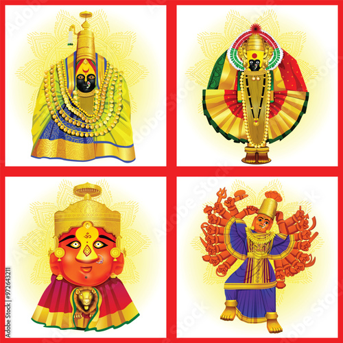 Set of Three and a half Shakti Peethas in maharastra. Goddess mahalaxmi, tuljabhavani, renuka, saptashrungi illustration for Happy Durga Puja offer, Discount, Sales Tags, Print, Banner, Web Banner