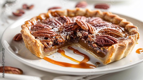 A commercial magazinestyle photo of a rich pecan pie on a white ceramic plate photo