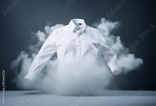White tshirt floating with soft mist on light background with copy space. Perfectly white clothes after washing, without human body. Bleach, laundry, dry. Mockup.
