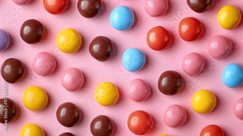 Small candies on a light background. Texture for background, wallpaper, poster, banner, card. View from above.