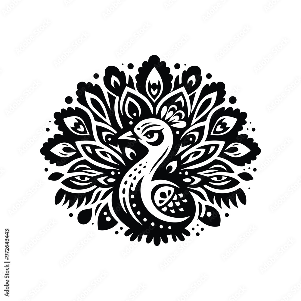 Peacock bird in folk art black and white silhouette illustration Peacock bird in folk art black and white silhouette illustration