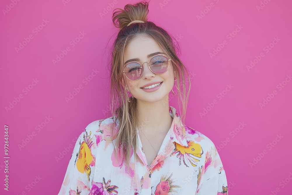 Stylish Young Woman in Sunglasses and Floral Shirt Against Pink Background. Generative AI. Stylish Young Woman in Sunglasses and Floral Shirt Against Pink Background. Generative AI.