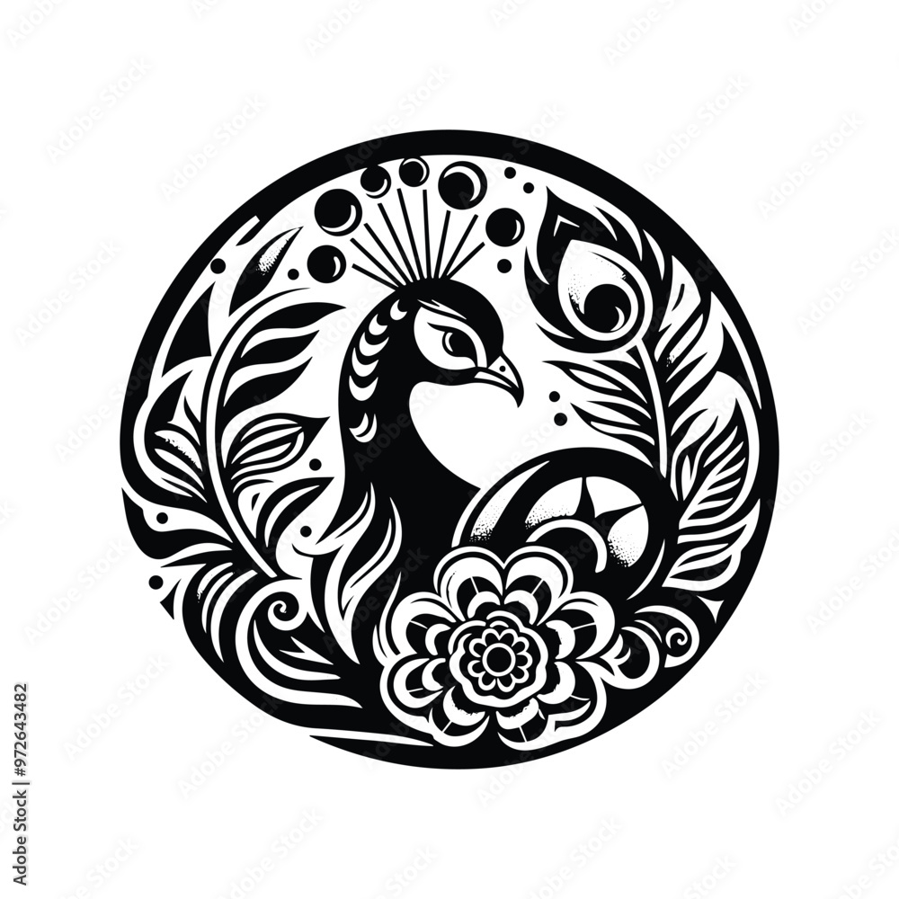 Peacock bird in folk art black and white silhouette illustration Peacock bird in folk art black and white silhouette illustration
