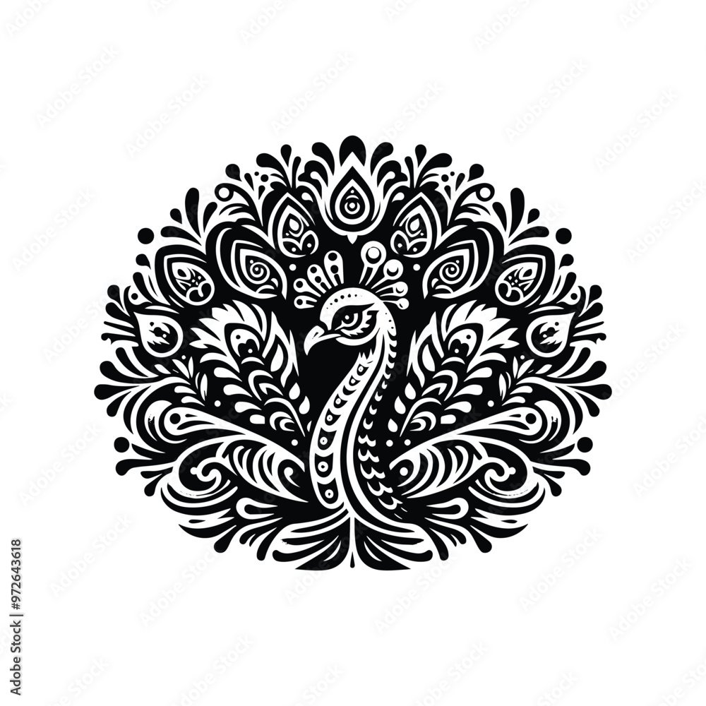 Peacock bird in folk art black and white silhouette illustration Peacock bird in folk art black and white silhouette illustration
