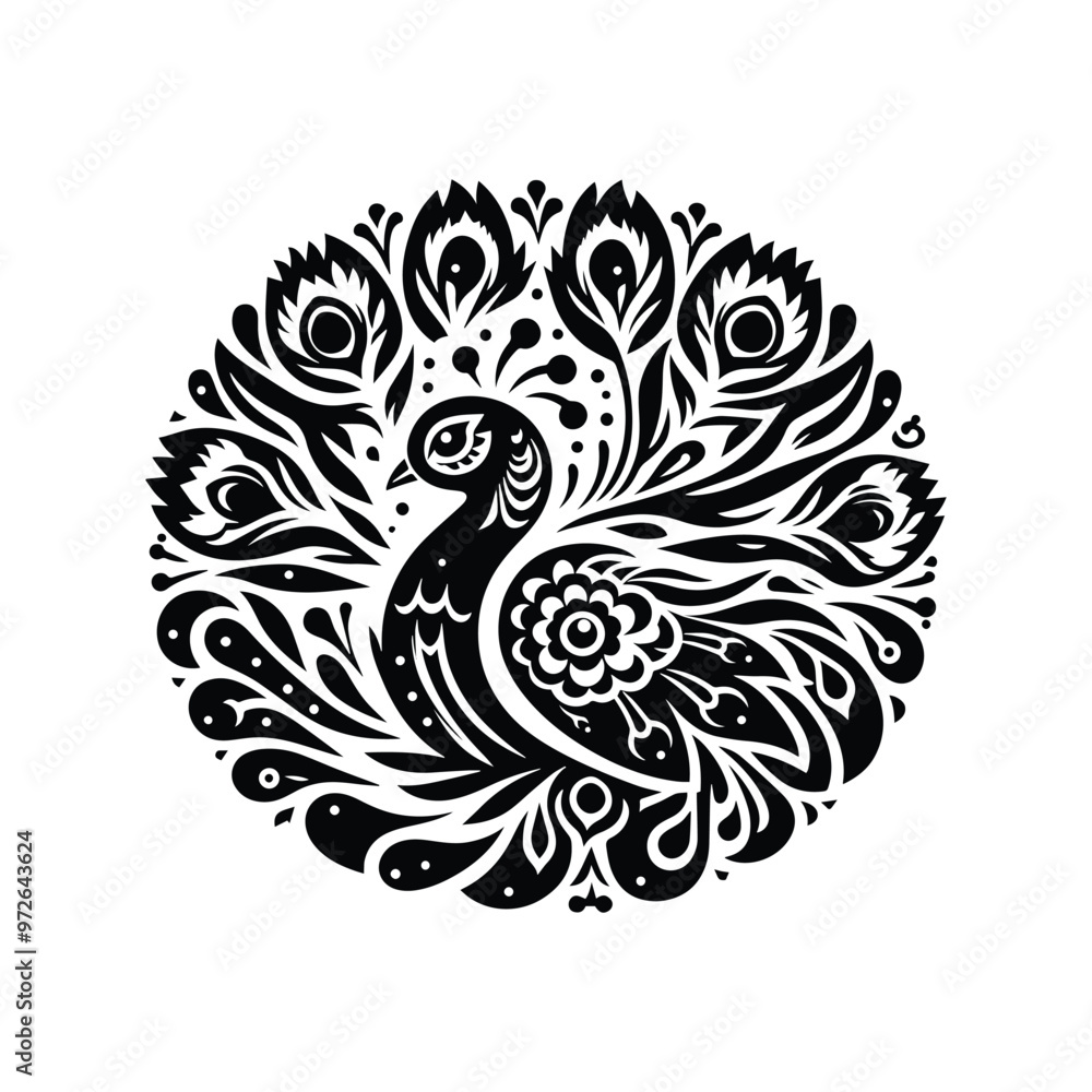 Peacock bird in folk art black and white silhouette illustration Peacock bird in folk art black and white silhouette illustration
