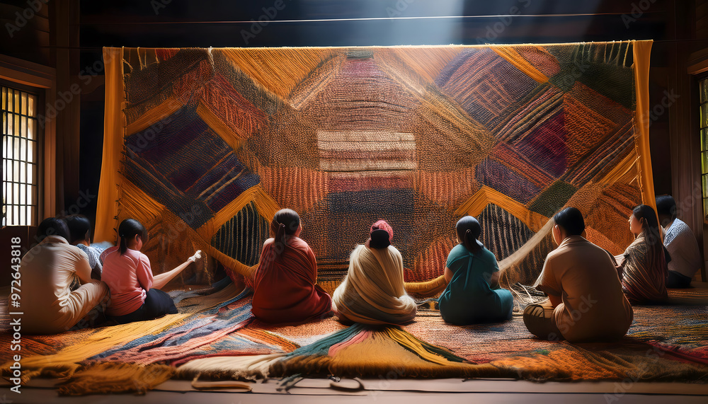 Group weaving large colorful tapestry in sunlight
Group weaving large colorful tapestry in sunlight