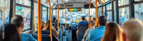 interior of a city bus during a busy commute, with passengers seated and standing