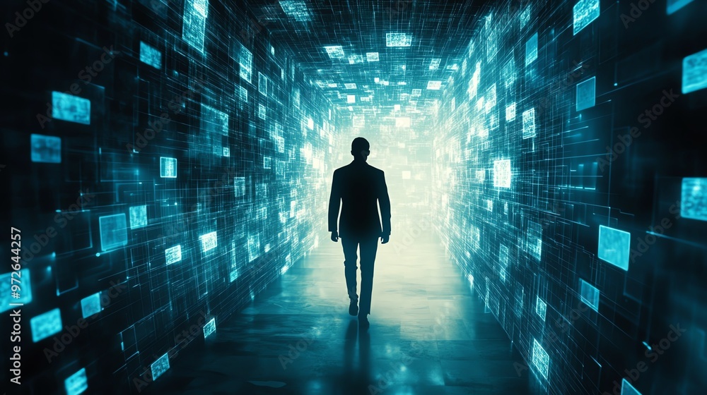 Silhouette of a man walking through a digital tunnel of glowing squares, representing the internet. Silhouette of a man walking through a digital tunnel of glowing squares, representing the internet.