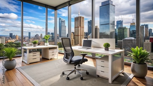 Modern office workstation with ergonomic chair and sleek desk amidst a bustling corporate backdrop in Melbourne, photo