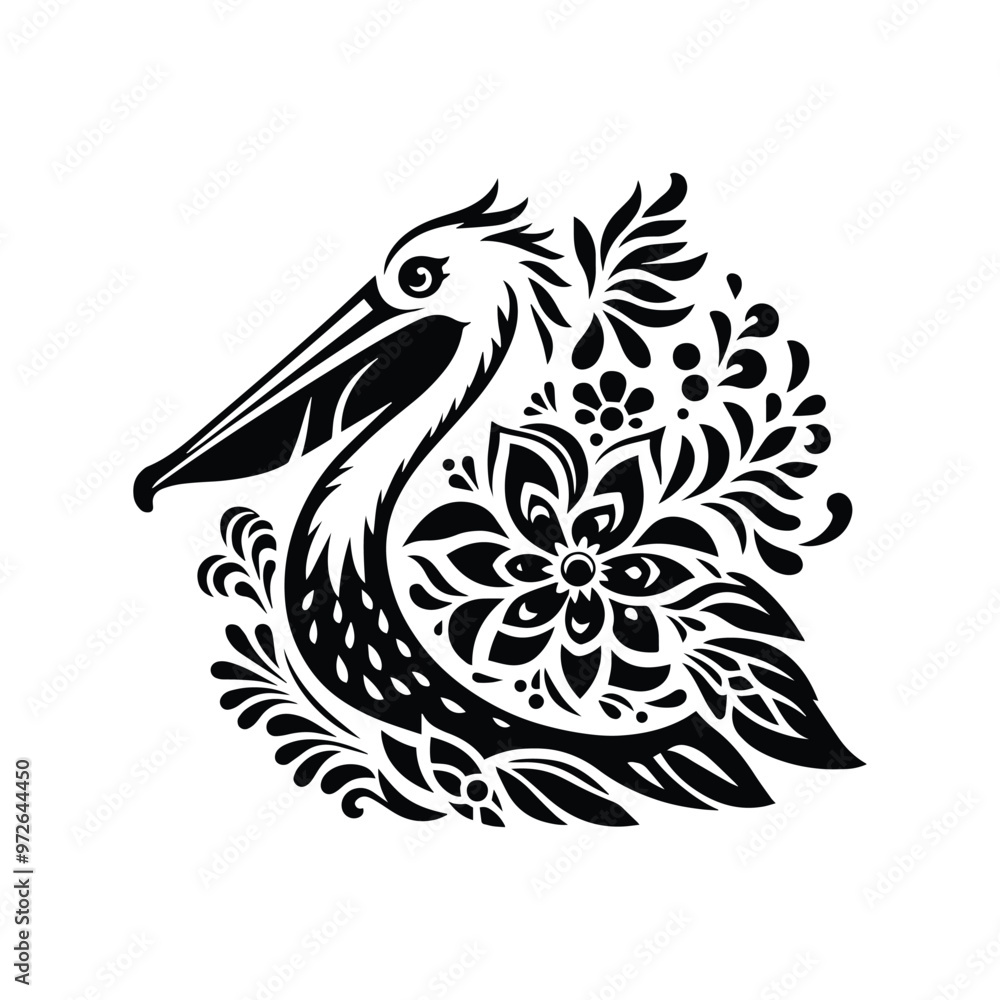Fototapeta premium Pelican bird in folk art black and white silhouette illustration