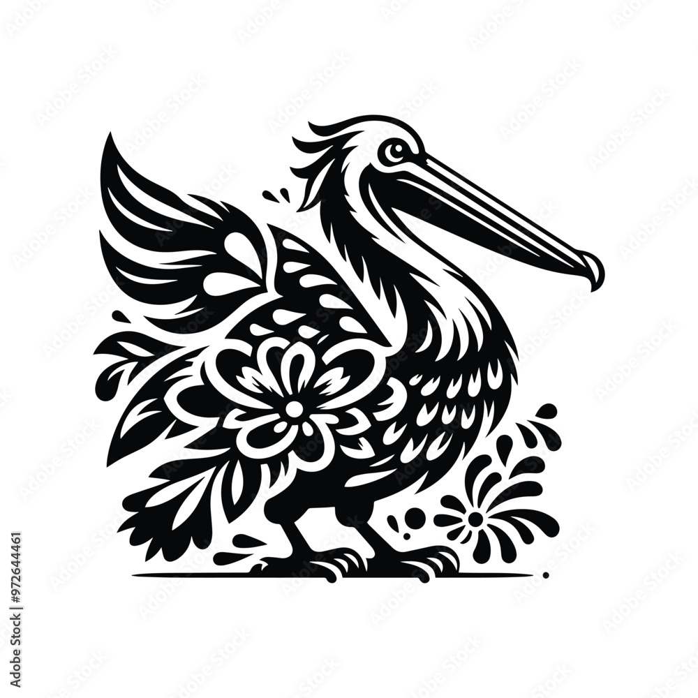 Fototapeta premium Pelican bird in folk art black and white silhouette illustration