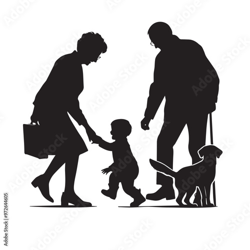 Grandparent with grandchild silhouette. Child enjoying with grandfather and grandmother vector design.