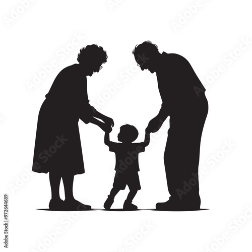 Grandparent with grandchild silhouette. Child enjoying with grandfather and grandmother vector design.