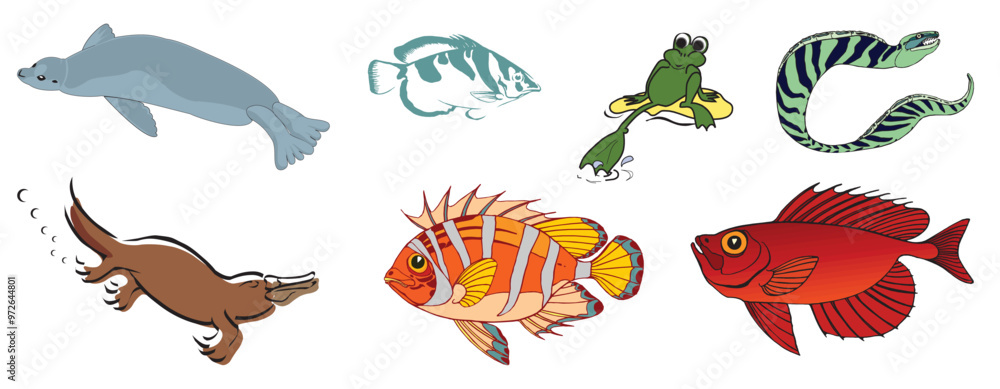 Water Sea Creaters fishes fish frog tod snake Sea Lion star Animals Silhouette - compendium vector illustrations editable best art design for logo icon multipurpose use in high definition format Water Sea Creaters fishes fish frog tod snake Sea Lion star Animals Silhouette - compendium vector illustrations editable best art design for logo icon multipurpose use in high definition format
