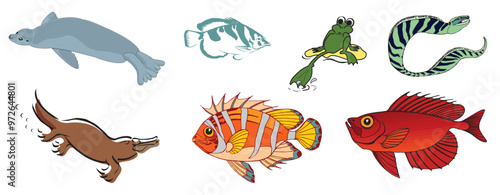 Water Sea Creaters fishes fish frog tod snake Sea Lion star Animals Silhouette - compendium vector illustrations editable best art design for logo icon multipurpose use in high definition format