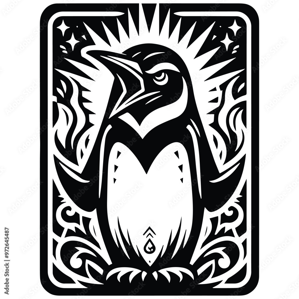 Penguin bird in Tarot card black and white silhouette illustration Penguin bird in Tarot card black and white silhouette illustration