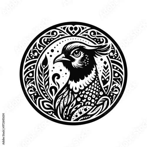 Pheasant bird in bohemian black and white silhouette illustration