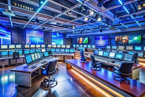 Modern state-of-the-art television broadcasting studio with rows of computer screens, control panels, and numerous