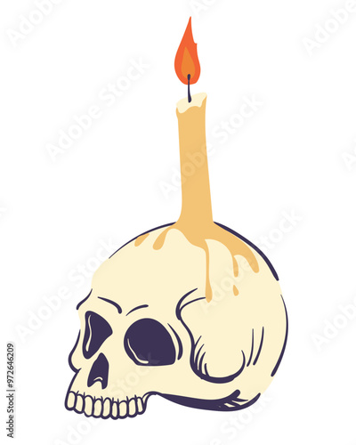 Illustration of human skull and burning candle. Vector cranium used as candlestick. Human bone for Halloween decor or product design in mystical style, attribute for witches' magic rituals.