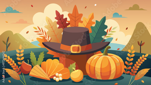 Harvest-Themed Pilgrim Hat with Corn and Pumpkins Vector Art