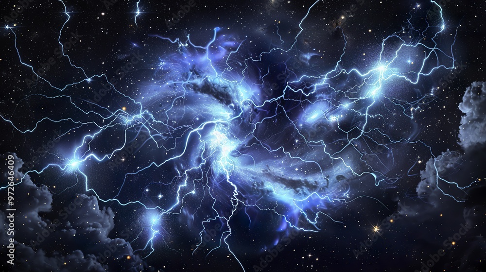 Stunning Nebula with Starry Sky Background Featuring Blue Lightning Swirls and Energy Flowing from the Center to the Edges, Creating a Nebular Form. Hyper-Realistic 3D Rendering Capturing the Entrance Stunning Nebula with Starry Sky Background Featuring Blue Lightning Swirls and Energy Flowing from the Center to the Edges, Creating a Nebular Form. Hyper-Realistic 3D Rendering Capturing the Entrance