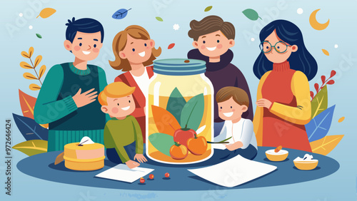Thanksgiving Gratitude Jar Vector - Family Writing Thankful Notes for Thanksgiving
