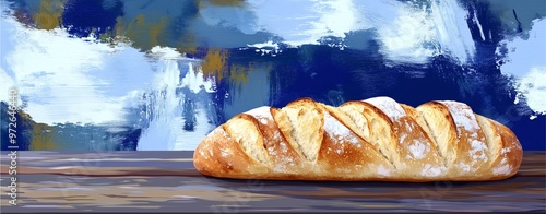 Elegant Cuisine Theme: Artistic illustration of a freshly baked loaf of bread on a rustic table. photo