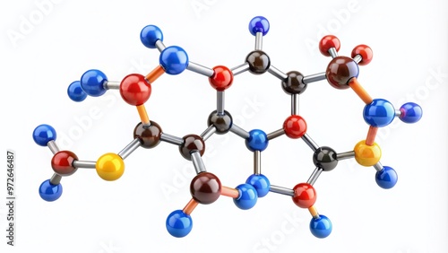 Molecular structure of caffeine, a stimulant found in coffee and energy drinks, displayed as a colorful 3D chemical photo