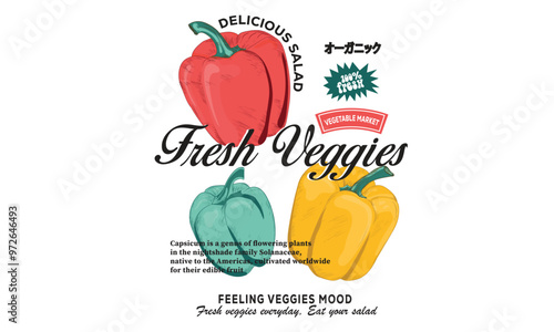 Capsicum vintage t-shirt design. Organic vegetable farm. Fresh veggies artwork for t shirt print, poster, sticker and other uses.