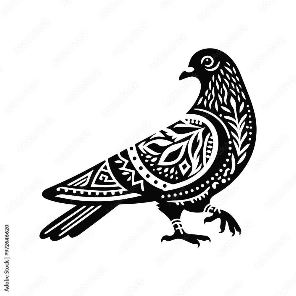 Obraz premium Pigeon bird in bohemian black and white silhouette illustration