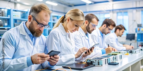 Quality Control Inspection in High-Tech Manufacturing Factory. A team of engineers in white lab coats and blue gloves meticulously inspect electronic components on a production line. 