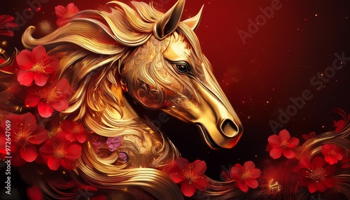 Chinese Year of the Horse 2026, Fire Horse, Happy New Chinese Year, Golden Horse with Red Flowers
