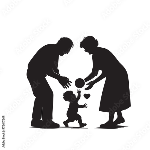 Grandparent with grandchild silhouette. Child enjoying with grandfather and grandmother vector design.