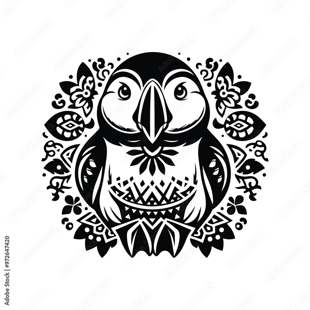 Puffin bird in bohemian black and white silhouette illustration Puffin bird in bohemian black and white silhouette illustration