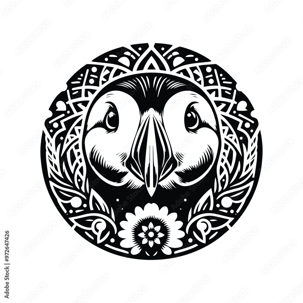 Puffin bird in bohemian black and white silhouette illustration Puffin bird in bohemian black and white silhouette illustration