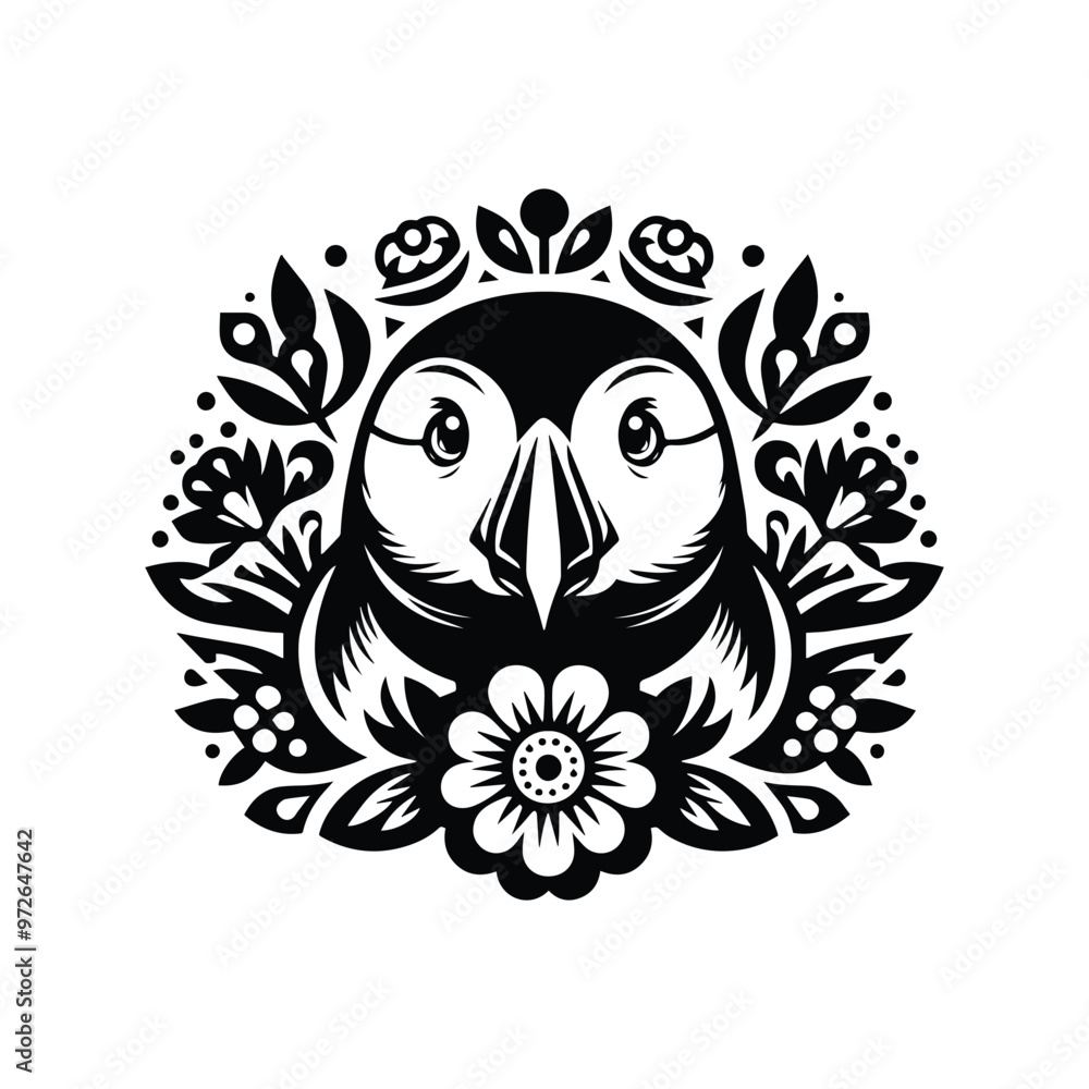 Puffin bird in folk art black and white silhouette illustration Puffin bird in folk art black and white silhouette illustration