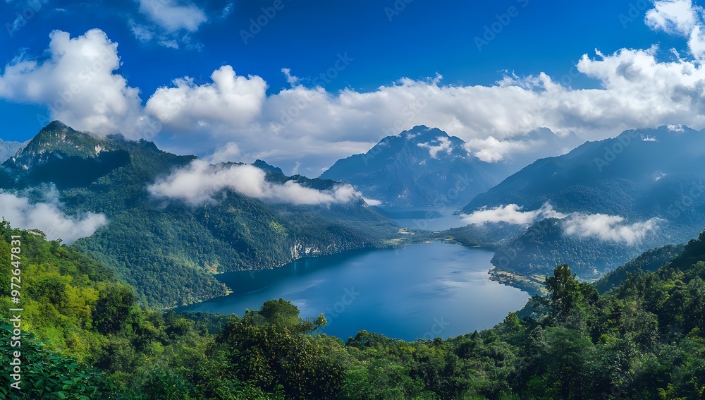 A panoramic view of a lake nestled amidst lush mountains, with white clouds floating above. A panoramic view of a lake nestled amidst lush mountains, with white clouds floating above.