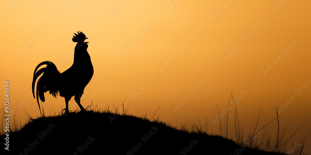 Fototapeta premium Silhouette of a rooster crowing at sunrise on a hill, symbolizing a fresh start, morning, and rural life, with a warm golden sky in the background
