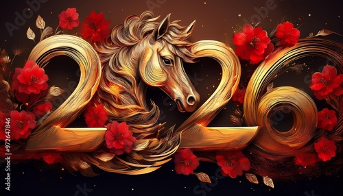 Chinese Year of the Horse 2026, Fire Horse, Happy New Chinese Year, Golden Horse with Red Flowers