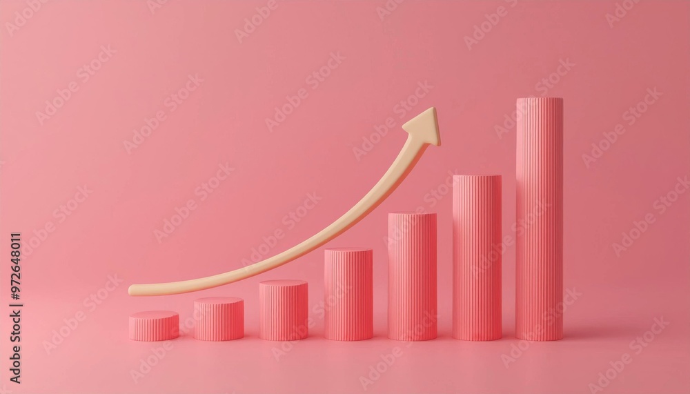 Pink 3D bar graph with upward arrow illustrating business growth on a pink background, perfect for financial presentations or reports. Pink 3D bar graph with upward arrow illustrating business growth on a pink background, perfect for financial presentations or reports.
