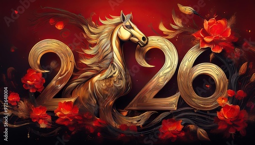 Chinese Year of the Horse 2026, Fire Horse, Happy New Chinese Year, Golden Horse with Red Flowers photo