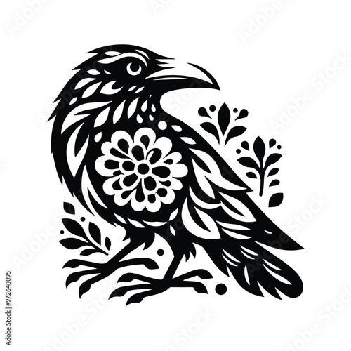 raven bird in folk art black and white silhouette illustration
