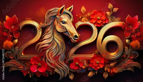 Chinese Year of the Horse 2026, Fire Horse, Happy New Chinese Year, Golden Horse with Red Flowers