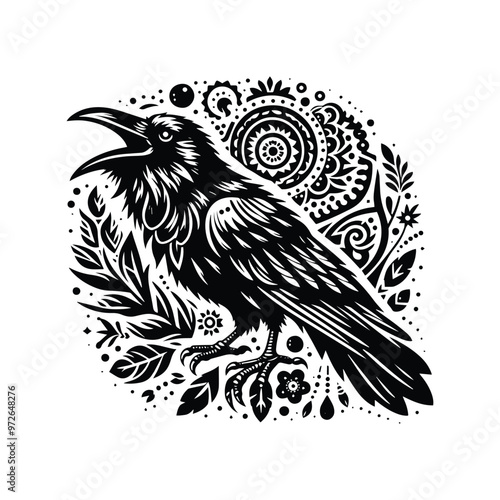 raven bird in bohemian black and white silhouette illustration