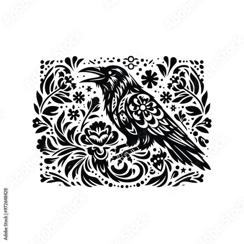 raven bird in folk art black and white silhouette illustration