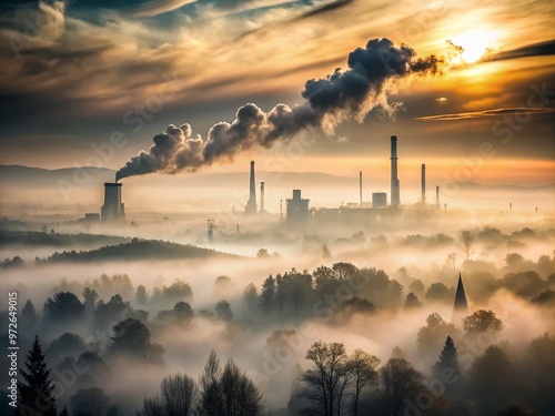 Mysterious fog rolls over a misty dawn landscape, showcasing the industrial beauty of a charcoal gray sky with photo