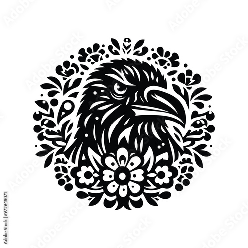 raven bird in folk art black and white silhouette illustration photo